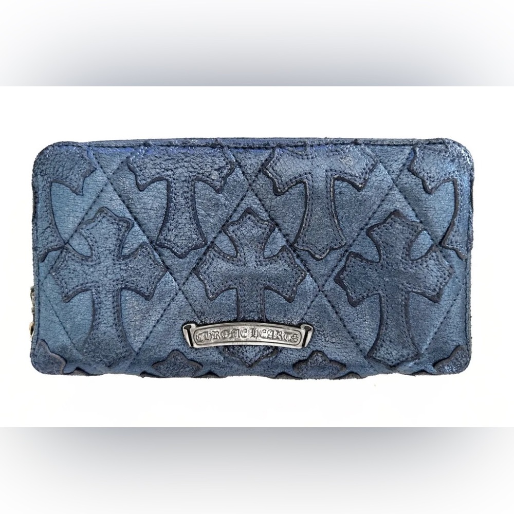 Chrome Hearts Clutch Wallet Metallic Blue Quilted Leather Cemetery Crosses NEW
